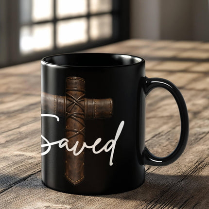 Saved Cross Black Coffee Mug – Christian Gift for Men
