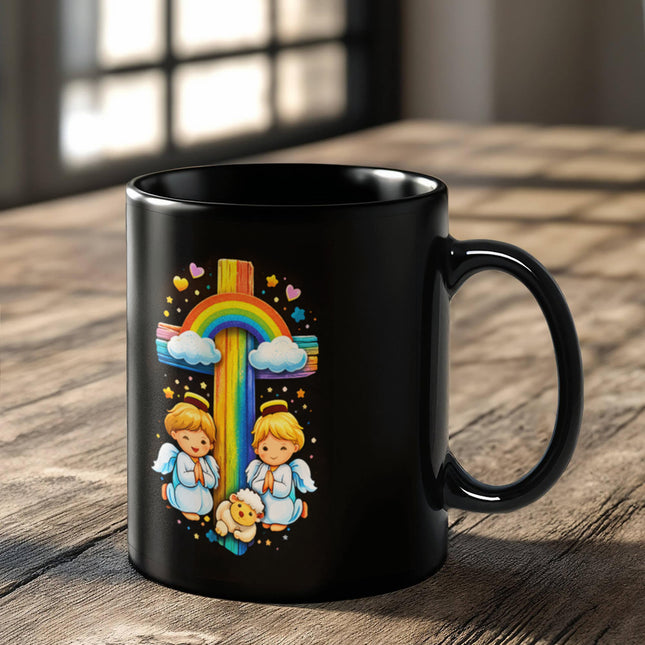 Rainbow Cross Cherub Angels | Christian Black Ceramic Mugs | Gift for Kids