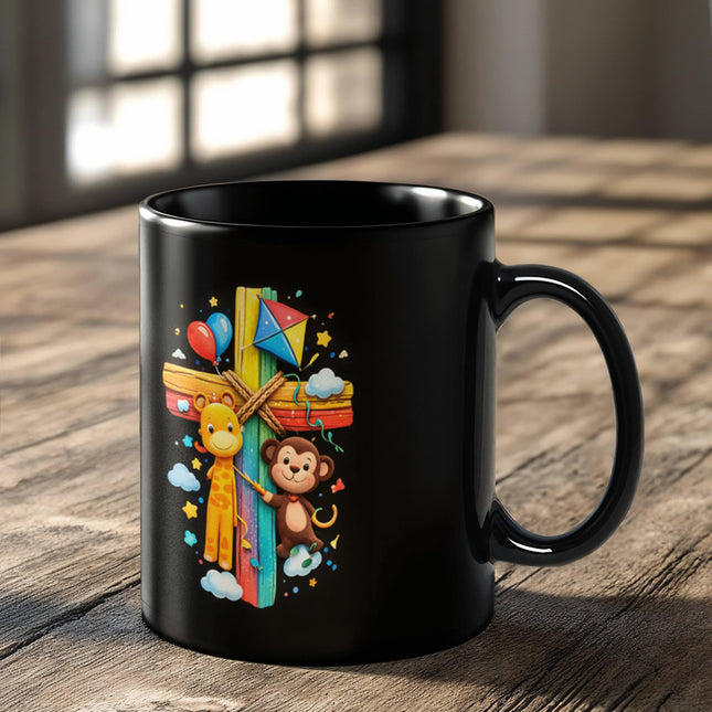 Rainbow Cross Jungle Animals | Christian Black Ceramic Mugs | Gift for Kids