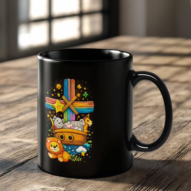 Rainbow Cross Noahs Ark | Christian Black Ceramic Mugs | Gift for Kids