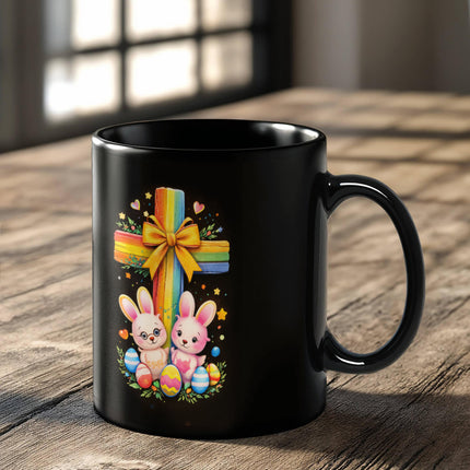 Rainbow Cross Bunnies | Christian Black Ceramic Mugs | Gift for Kids