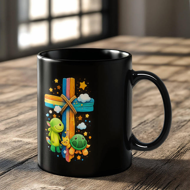 Rainbow Cross Turtle | Christian Black Ceramic Mugs | Gift for Kids