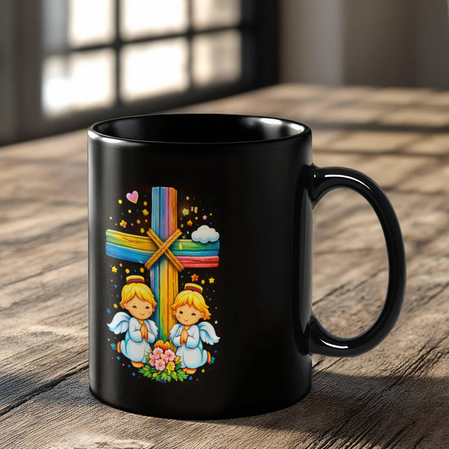 Rainbow Cross Angel Twins | Christian Black Ceramic Mugs | Gift for Kids