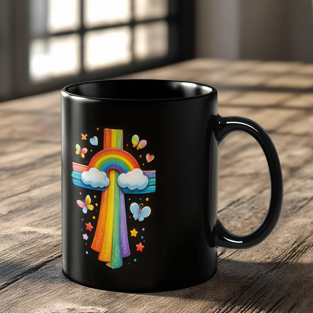 Rainbow Cross Butterfly | Christian Black Ceramic Mugs | Gift for Kids