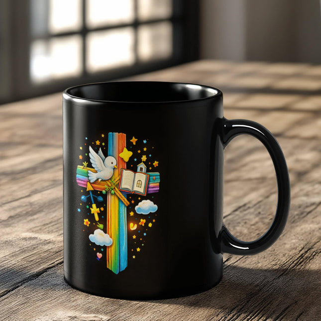 Rainbow Cross Open Bible | Christian Black Ceramic Mugs | Gift for Kids