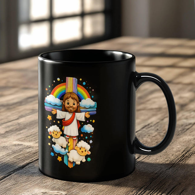 Rainbow Cross Jesus And Lamb | Christian Black Ceramic Mugs | Gift for Kids