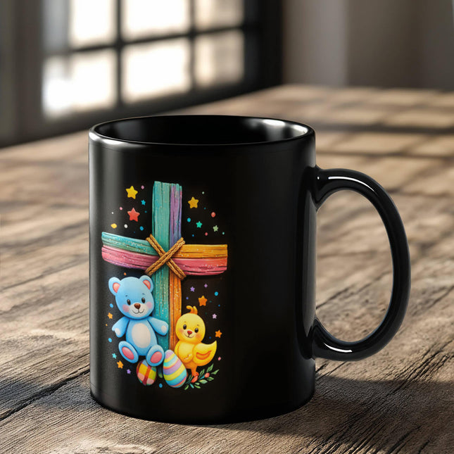Rainbow Cross Teddy Bear | Christian Black Ceramic Mugs | Gift for Kids