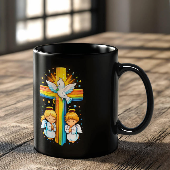Rainbow Cross Angels And Dove | Christian Black Ceramic Mugs | Gift for Kids