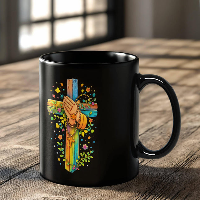 Rainbow Cross Praying Hands | Christian Black Ceramic Mugs | Gift for Kids