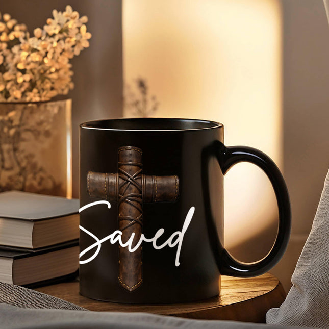 Saved Cross Black Coffee Mug – Christian Gift for Men