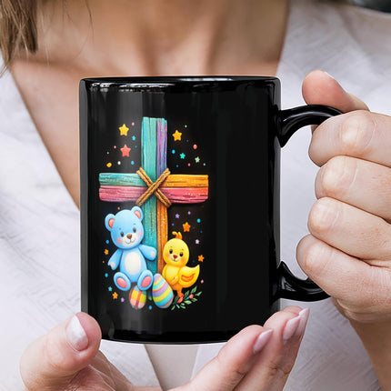 Rainbow Cross Teddy Bear | Christian Black Ceramic Mugs | Gift for Kids
