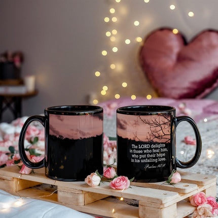 Psalm 147:11 Christian coffee mug – “hope in his unfailing love” Bible verse mug (black ceramic)