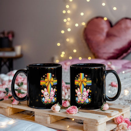 Rainbow Cross Bunnies | Christian Black Ceramic Mugs | Gift for Kids
