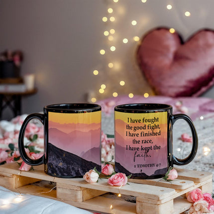 2 Timothy 4:7 Christian coffee mug – “I have kept the faith” Bible verse mug (black ceramic)