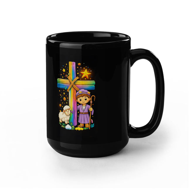 Rainbow Cross Little Shepherd | Christian Black Ceramic Mugs | Gift for Kids