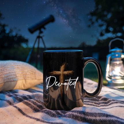 Christian Coffee Mug | Devoted Wooden Cross Black Ceramic Mug (11 & 15 oz)