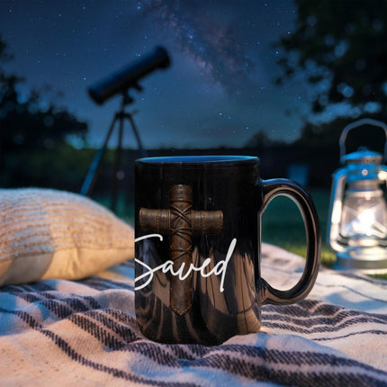 Saved Cross Black Coffee Mug – Christian Gift for Men