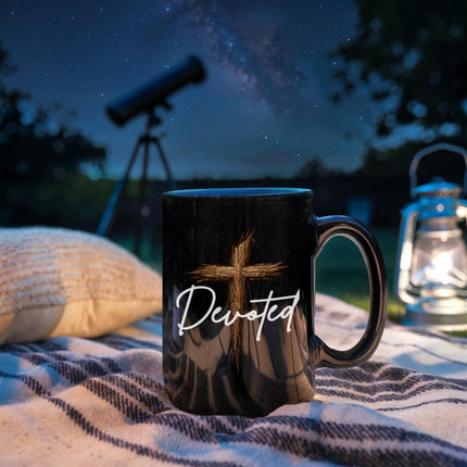 Devoted Cross Black Coffee Mug – Christian Gift for Men