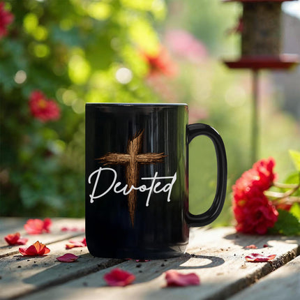 Devoted Cross Black Coffee Mug – Christian Gift for Men