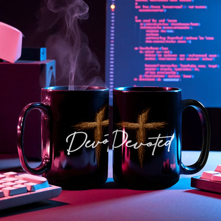 Devoted Cross Black Coffee Mug – Christian Gift for Men