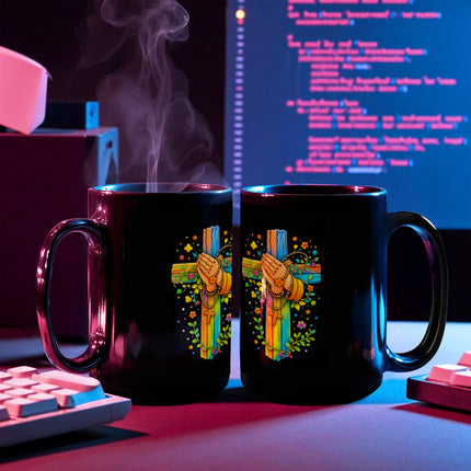 Rainbow Cross Praying Hands | Christian Black Ceramic Mugs | Gift for Kids