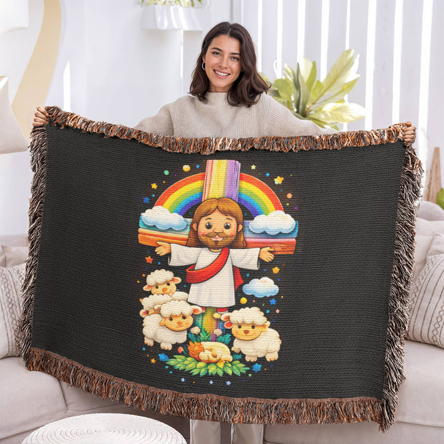 Jesus And Little Lambs | Christian Heirloom Artwork Woven Blanket | Gift for Kids