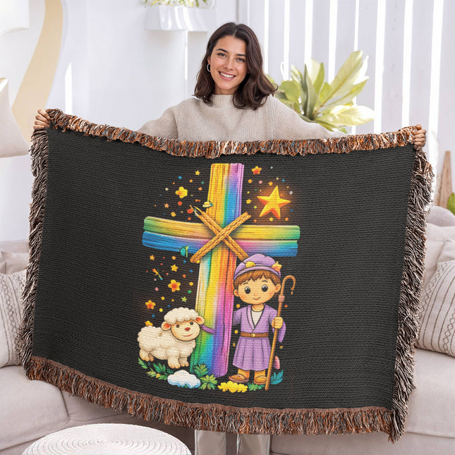 Rainbow Cross Little Shepherd | Christian Heirloom Artwork Woven Blanket | Gift for Kids