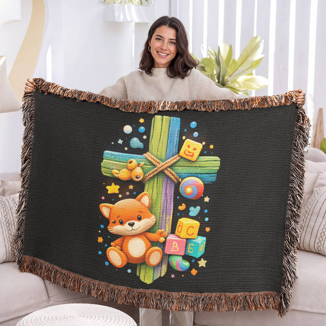 Rainbow Cross Little Fox | Christian Heirloom Artwork Woven Blanket | Gift for Kids