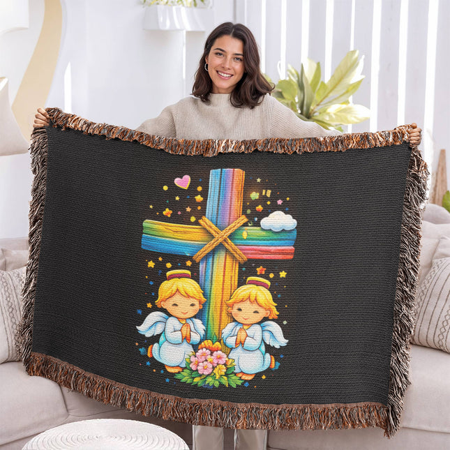 Rainbow Cross Angel Twins | Christian Heirloom Artwork Woven Blanket | Gift for Kids