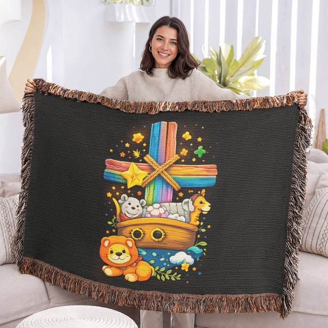 Rainbow Cross Noahs Ark | Christian Heirloom Artwork Woven Blanket | Gift for Kids