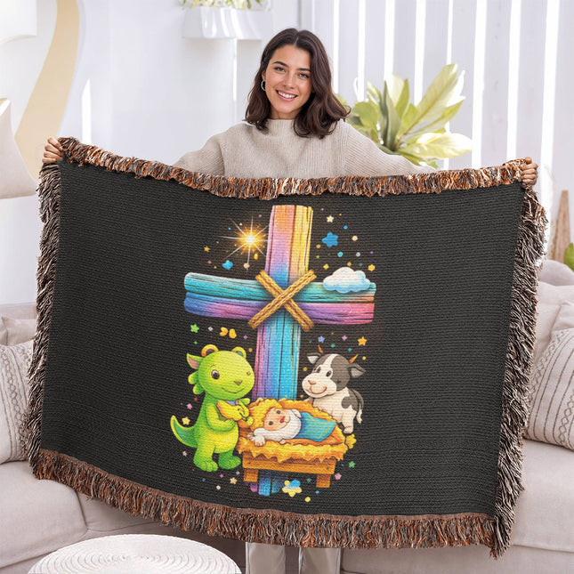 Rainbow Cross Frog And Cow | Christian Heirloom Artwork Woven Blanket | Gift for Kids