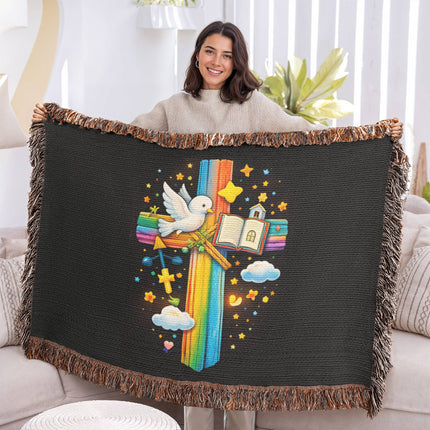 Rainbow Cross Open Bible | Christian Heirloom Artwork Woven Blanket | Gift for Kids