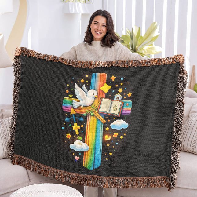 Rainbow Cross Open Bible | Christian Heirloom Artwork Woven Blanket | Gift for Kids
