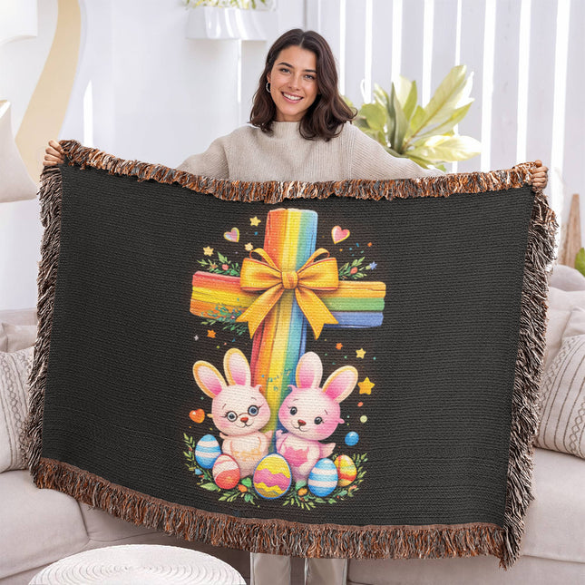 Rainbow Cross Bunnies | Christian Heirloom Artwork Woven Blanket | Gift for Kids