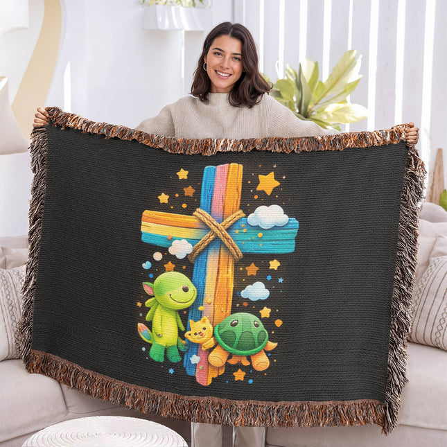 Rainbow Cross Turtle | Christian Heirloom Artwork Woven Blanket | Gift for Kids