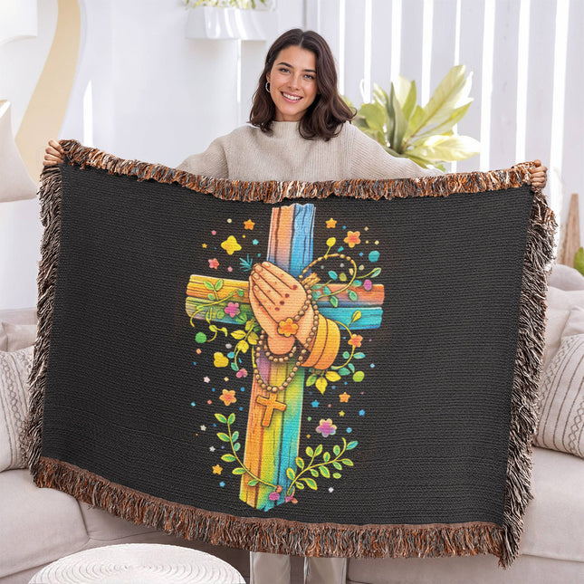 Rainbow Cross Praying Hands | Christian Heirloom Artwork Woven Blanket | Gift for Kids