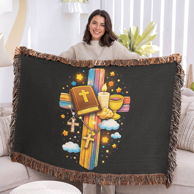 Rainbow Cross Bible And Cross | Christian Heirloom Artwork Woven Blanket | Gift for Kids