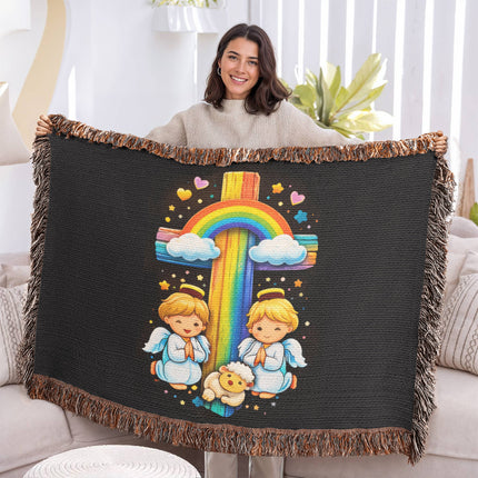 Rainbow Cross Cherub Angels | Christian Heirloom Artwork Woven Blanket | Gift for Kids
