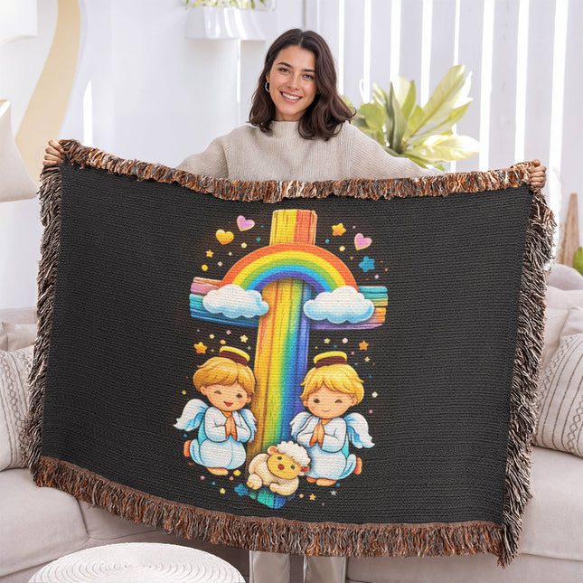 Rainbow Cross Cherub Angels | Christian Heirloom Artwork Woven Blanket | Gift for Kids