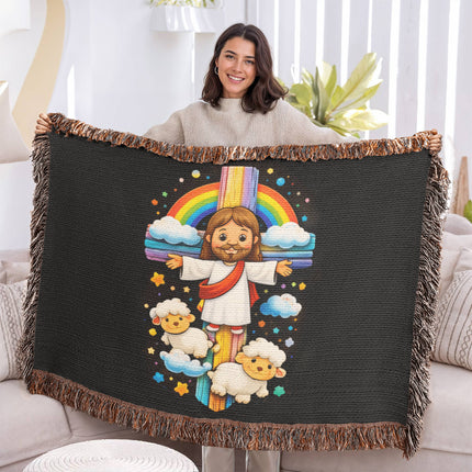 Rainbow Cross Jesus And Lamb | Christian Heirloom Artwork Woven Blanket | Gift for Kids