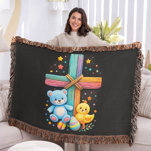 Rainbow Cross Teddy Bear | Christian Heirloom Artwork Woven Blanket | Gift for Kids