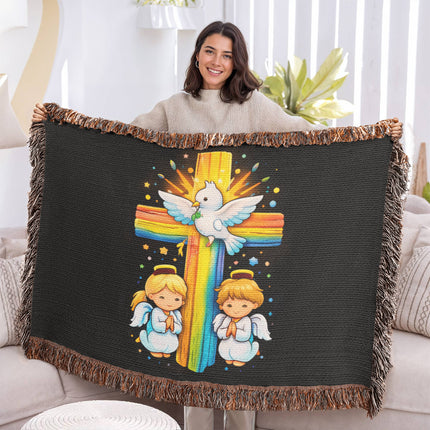 Rainbow Cross Angels And Dove | Christian Heirloom Artwork Woven Blanket | Gift for Kids