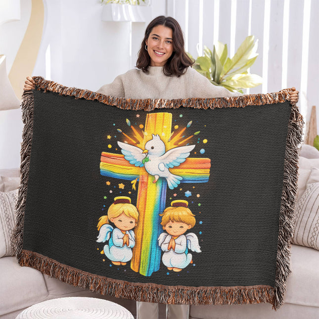Rainbow Cross Angels And Dove | Christian Heirloom Artwork Woven Blanket | Gift for Kids