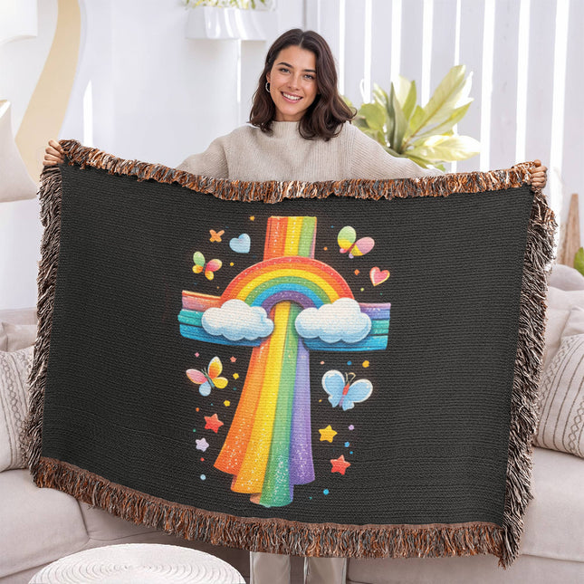 Rainbow Cross Butterfly | Christian Heirloom Artwork Woven Blanket | Gift for Kids