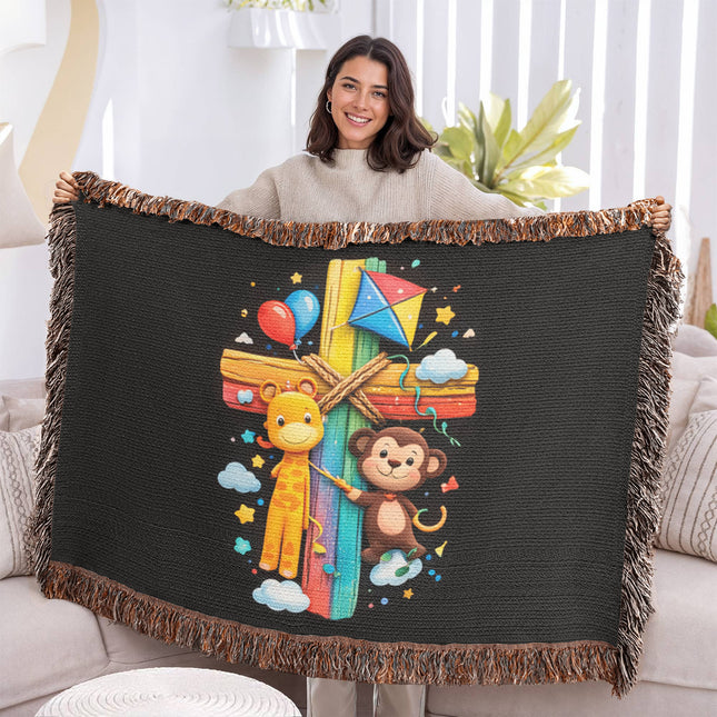 Rainbow Cross Jungle Animals | Christian Heirloom Artwork Woven Blanket | Gift for Kids