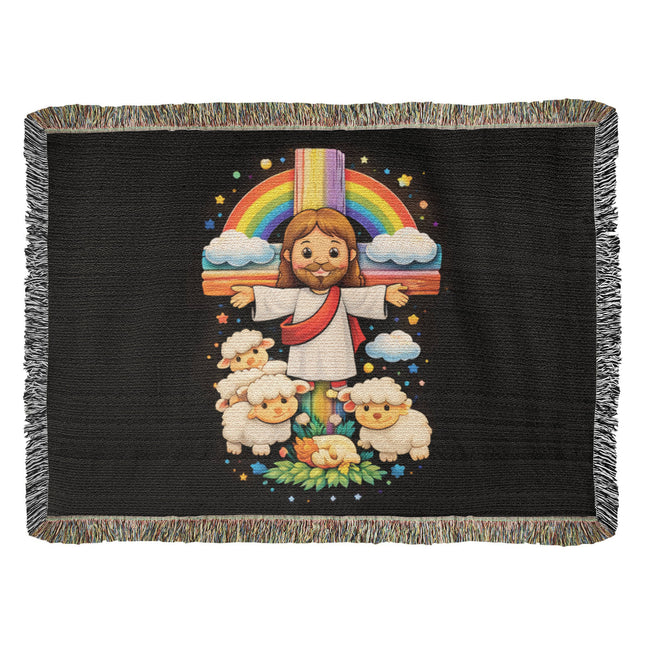 Jesus And Little Lambs | Christian Heirloom Artwork Woven Blanket | Gift for Kids