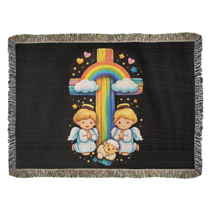 Rainbow Cross Cherub Angels | Christian Heirloom Artwork Woven Blanket | Gift for Kids