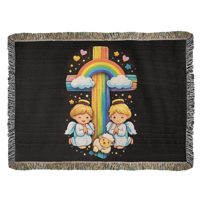 Rainbow Cross Cherub Angels | Christian Heirloom Artwork Woven Blanket | Gift for Kids