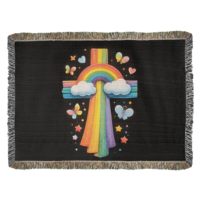 Rainbow Cross Butterfly | Christian Heirloom Artwork Woven Blanket | Gift for Kids