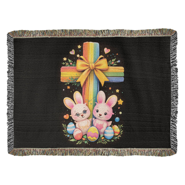 Rainbow Cross Bunnies | Christian Heirloom Artwork Woven Blanket | Gift for Kids